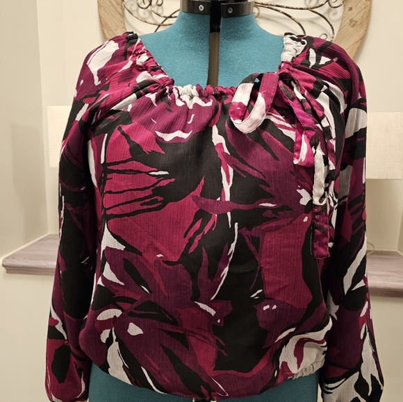 ANA (A New Approach) Size L vintage Chiffon Square Neck Elasticized Waist Blouse - Picture 1 of 8